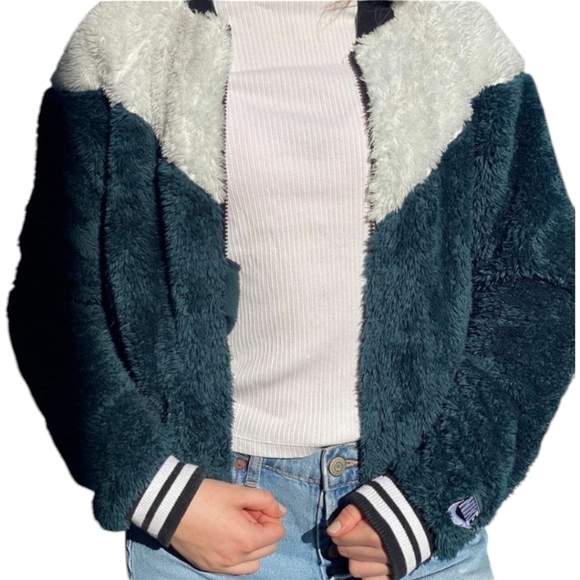 Nike Sportswear Midnight Spruce/Desert Sand-White Sherpa Bomber Jacket Sz M - Picture 2 of 11